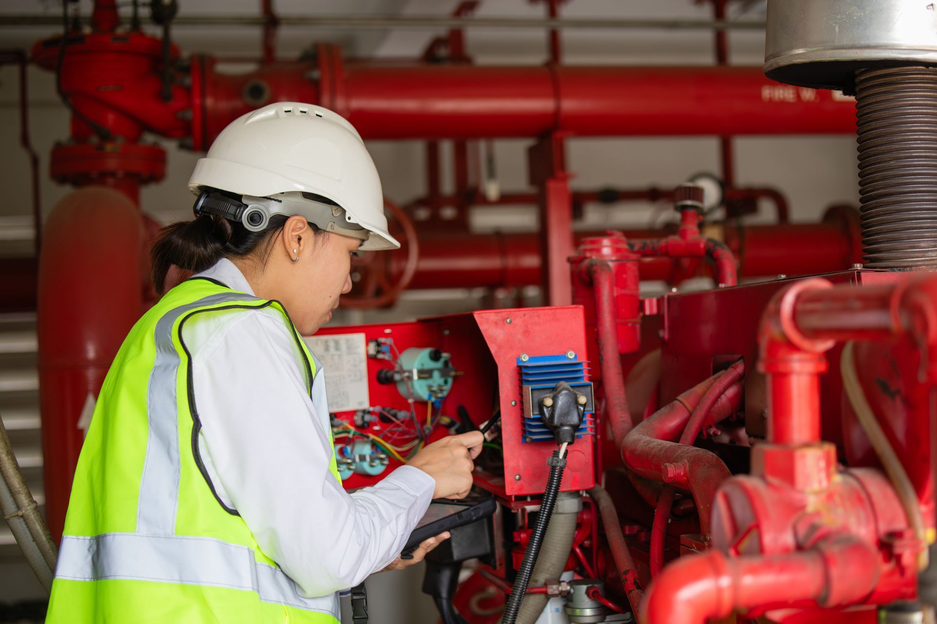 Woman in a hard hat and vest inspects red machinery; indoor setting.