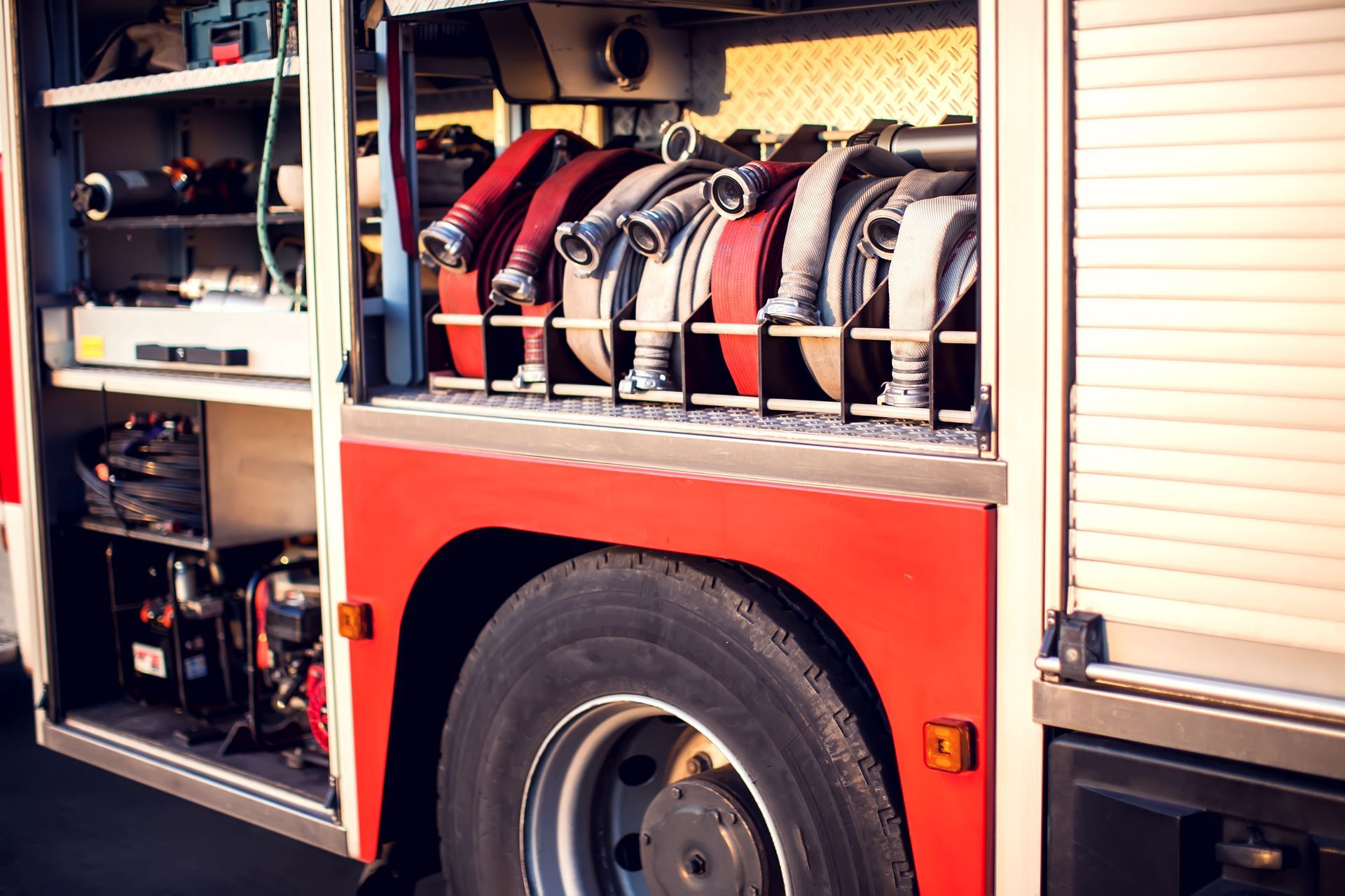 Fire truck compartment open, showing fire hoses, equipment, and a tire.