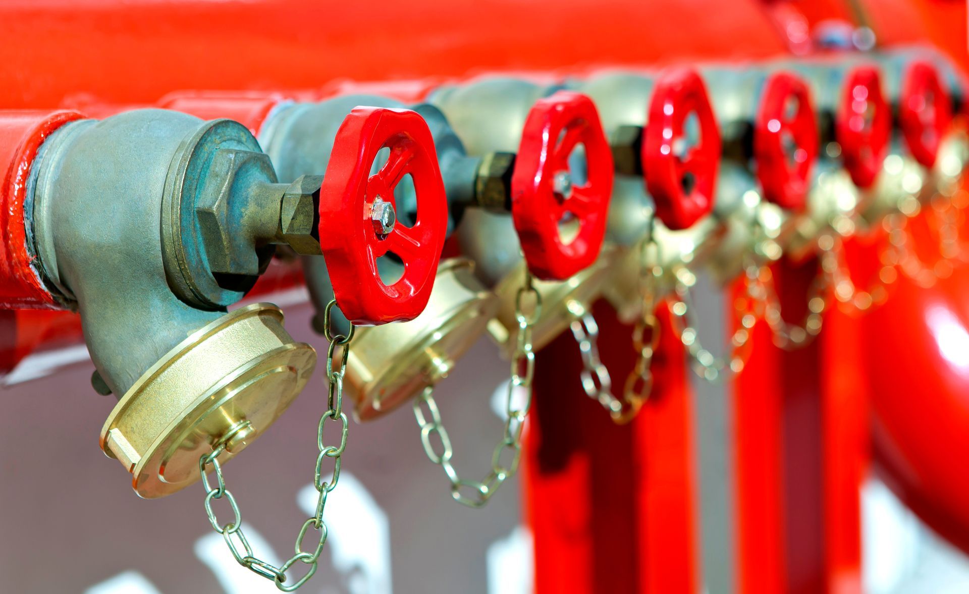 Red fire hose valves with brass caps in a row.