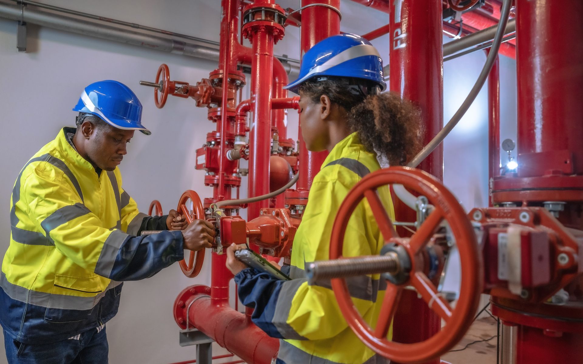 Two workers in safety gear adjusting red valves in a pipe system.