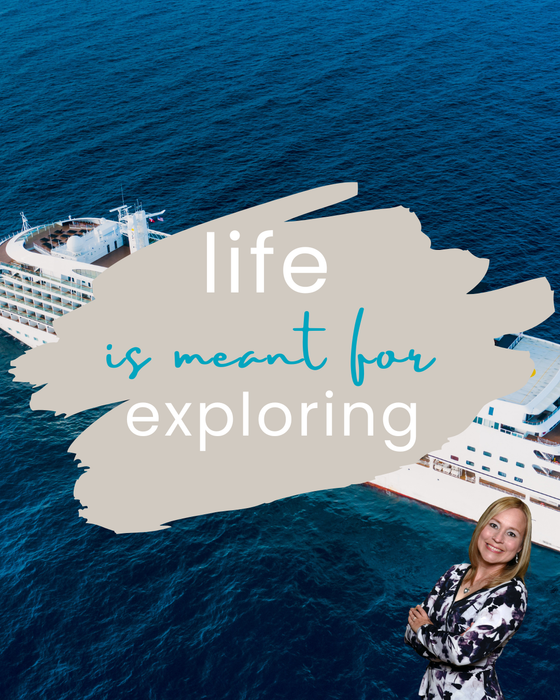 A woman stands in front of a cruise ship with the words life is meant for exploring
