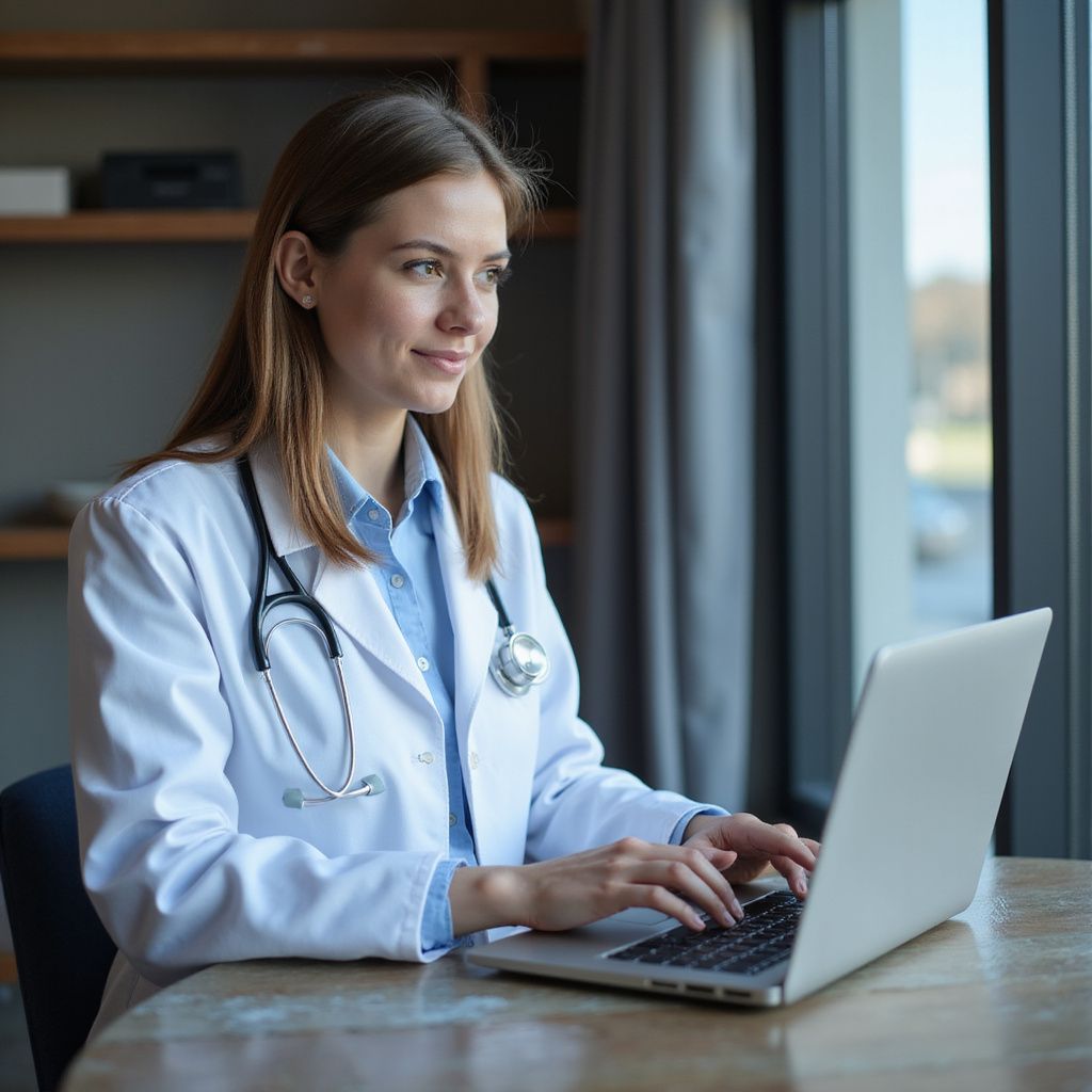 Female doctor in lab coat typing on a laptop; near window.