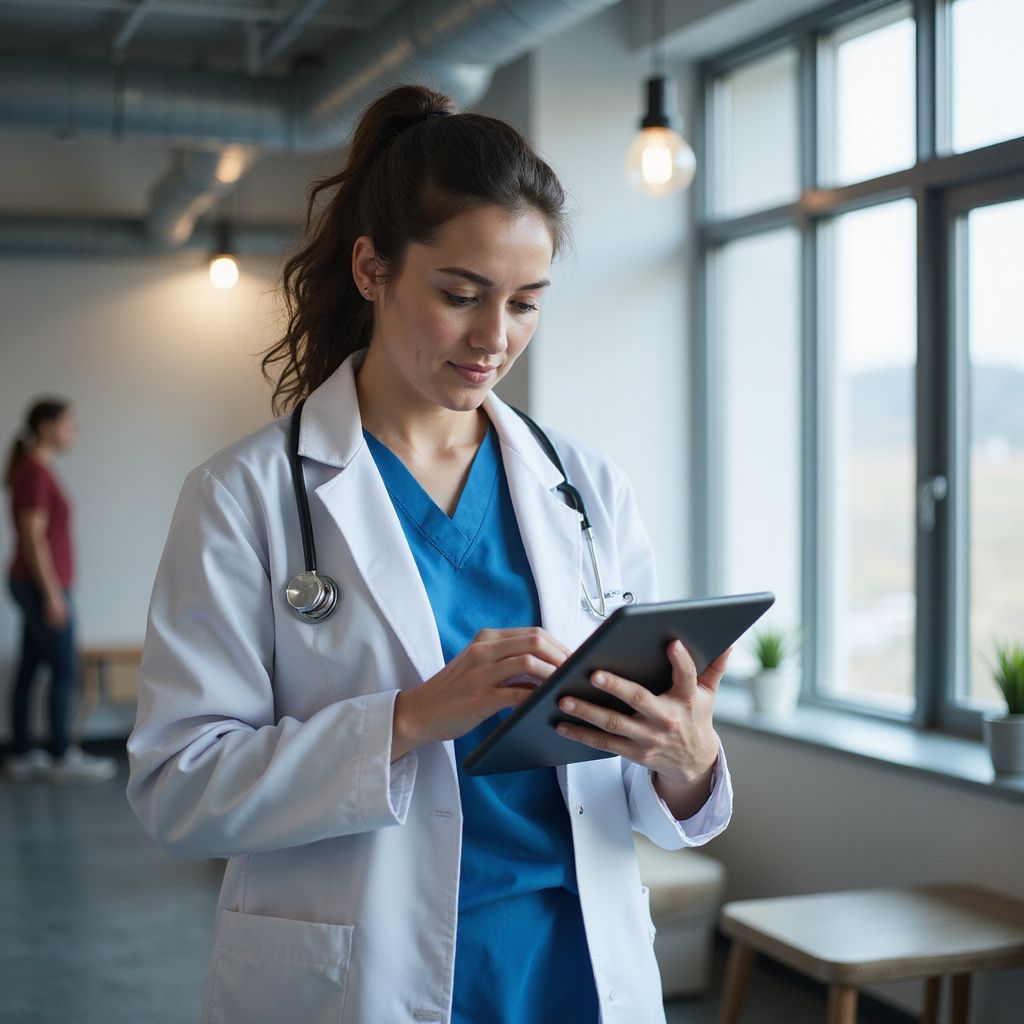 Female doctor in white coat using tablet by a window.