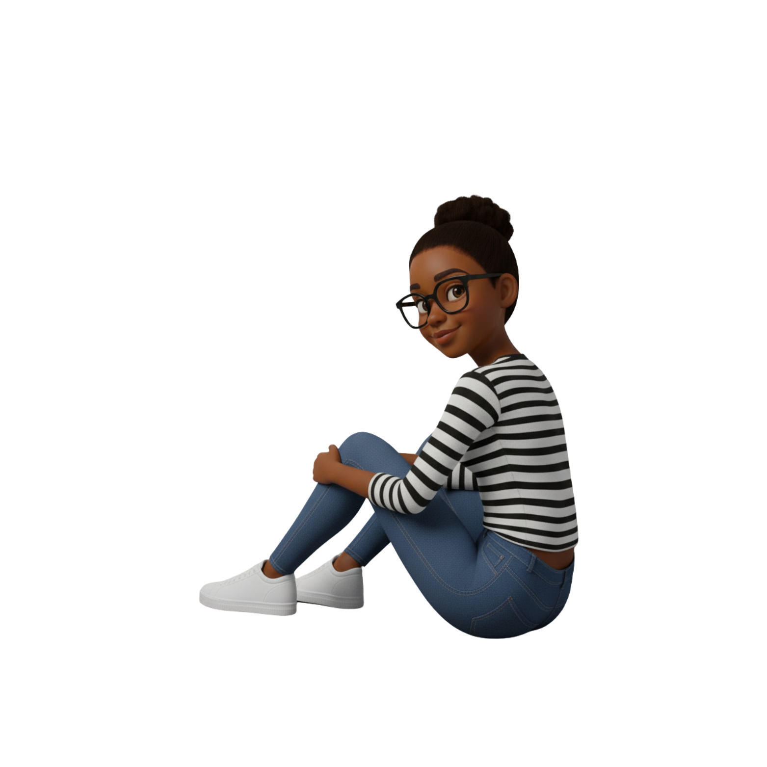 A young woman with glasses, sitting and smiling. She wears a striped shirt, jeans, and white sneakers.