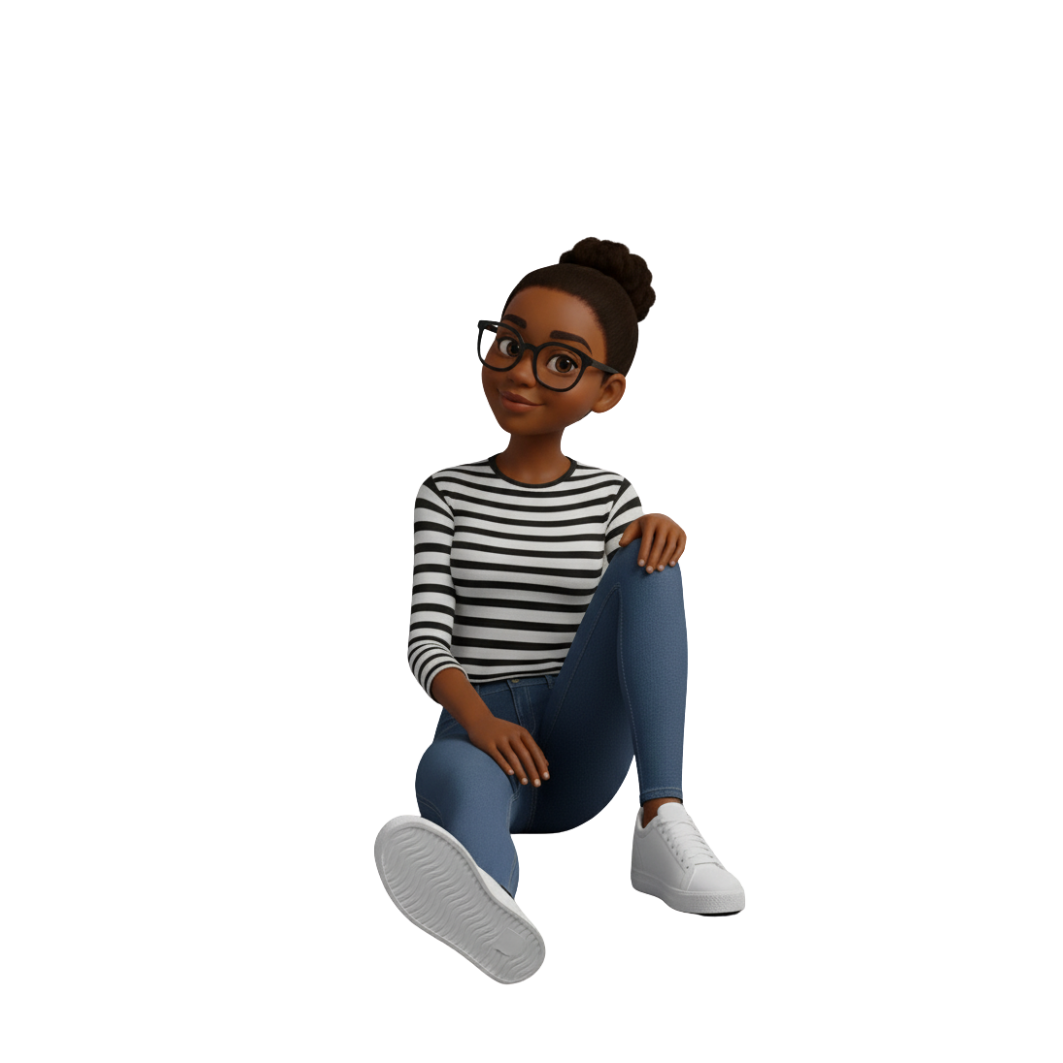 Cartoon woman with bun, glasses, striped shirt, jeans, sneakers sits on the floor, smiling.