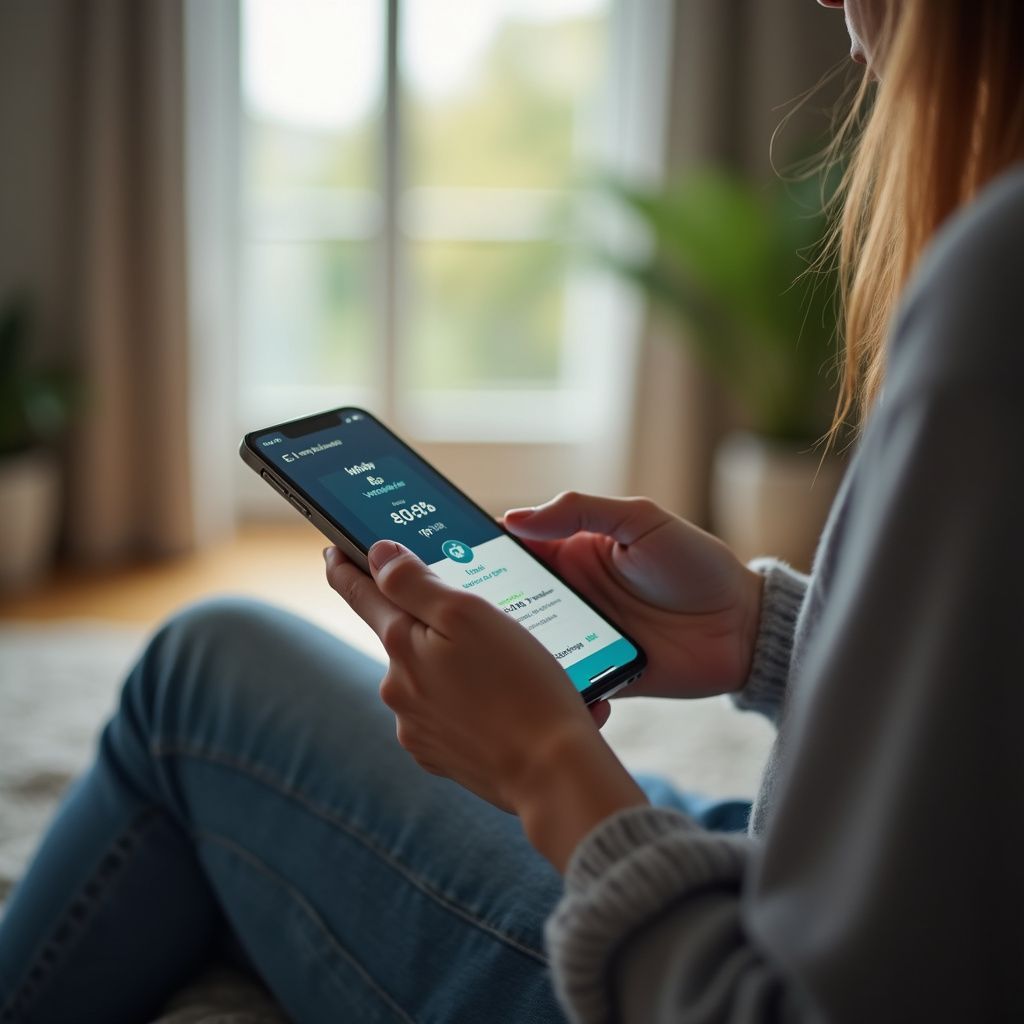 Woman sitting indoors, holding smartphone displaying a financial app, with natural light background.