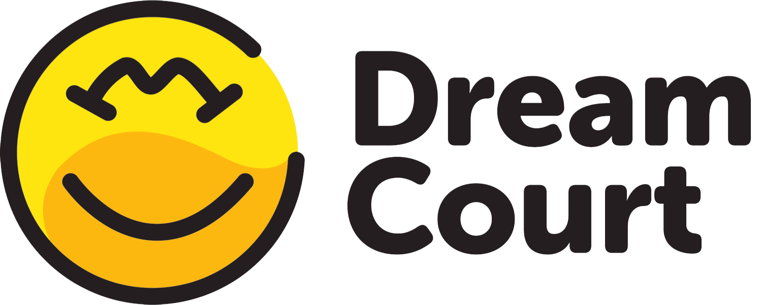 The logo for dream court is a yellow smiley face with a crown on it.