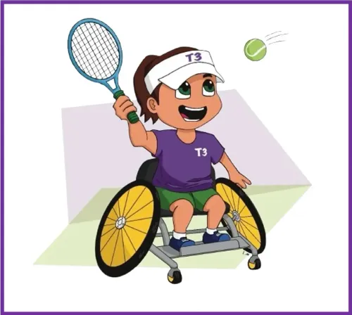 A person in a wheelchair is holding a tennis racquet.