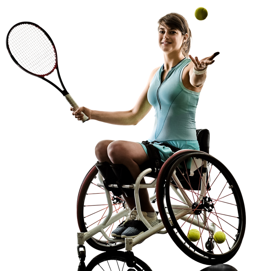 A woman in a wheelchair is holding a tennis racquet