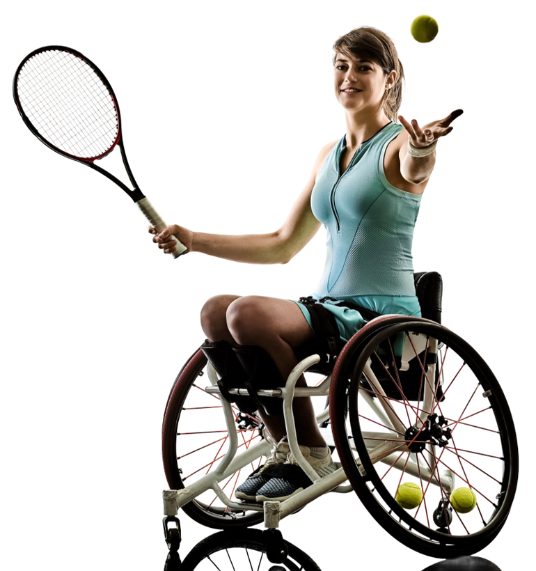 A woman in a wheelchair is holding a tennis racquet