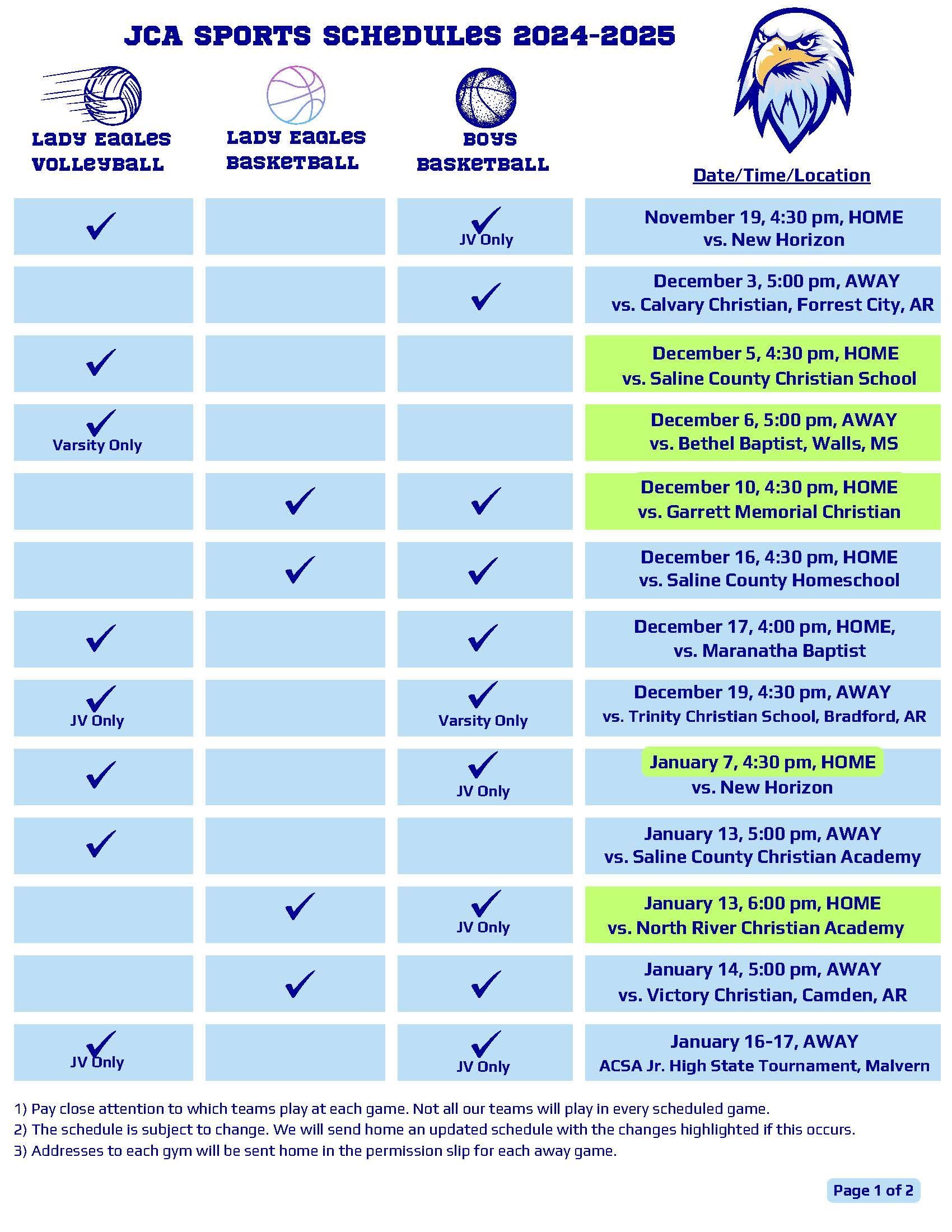 A blue sheet of paper with a list of sports schedules