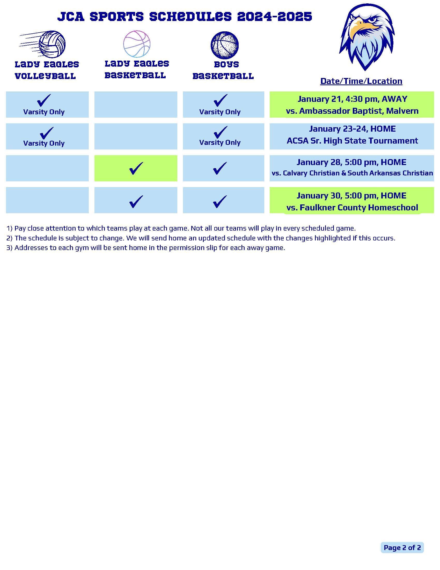 A page of a sports schedule with a picture of an eagle on it.