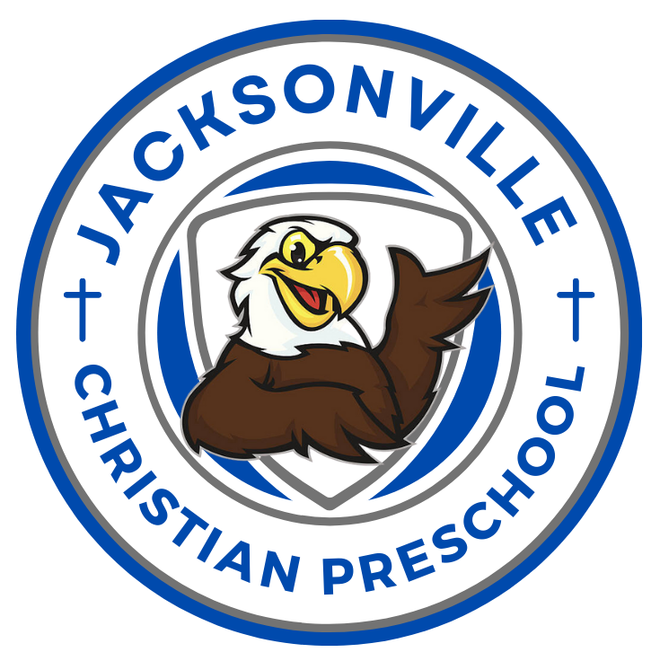 The logo for jacksonville christian preschool has an eagle on it