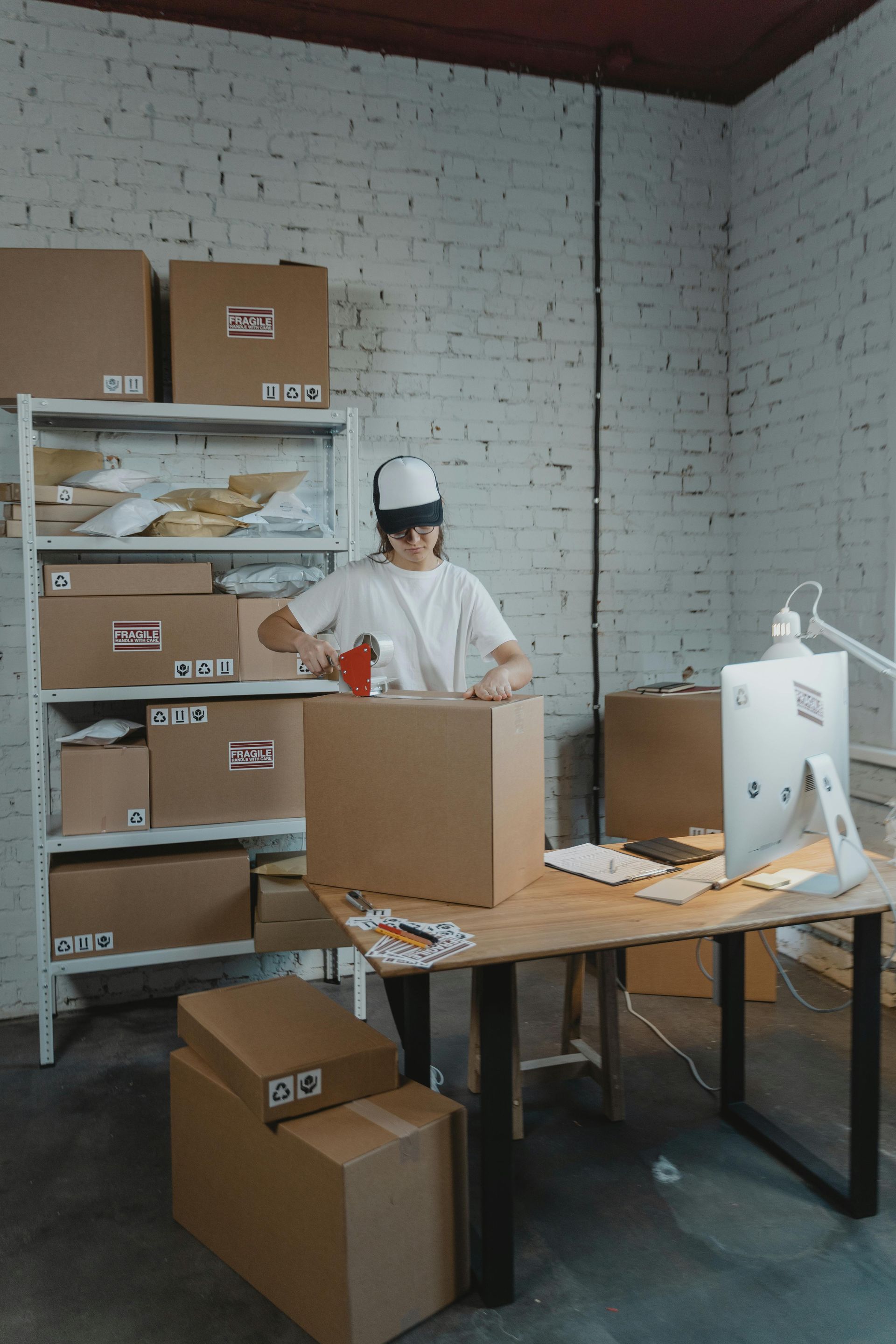 A man is sitting at a desk in a room filled with boxes and a computer.