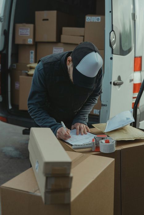 A man is writing on a piece of paper in front of a van filled with boxes.