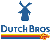 Dutch Bros Coffee logo with a blue windmill and text on a colorful striped background.