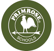 Logo for Primrose Schools, with a white rooster, text, and arrow on a green circle.