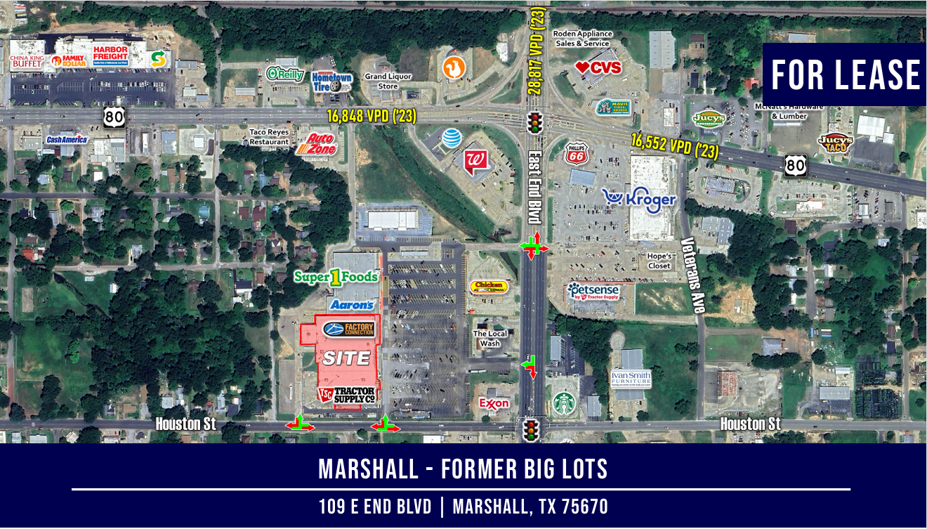 Aerial view of Marshall, TX, with "FOR LEASE" text. Shows former Big Lots building and nearby businesses.