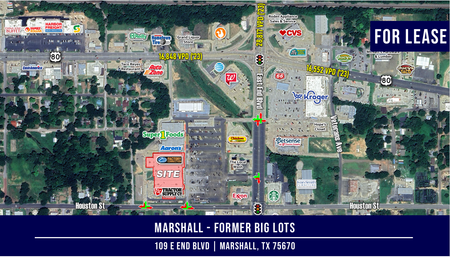 Aerial view of Marshall, TX, showing businesses for lease, including a former Big Lots store at 116 E. Fannin Blvd.