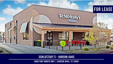 Schlotzsky's building for lease in Hudson Oaks, TX. Beige exterior, red chairs, "For Lease" sign.
