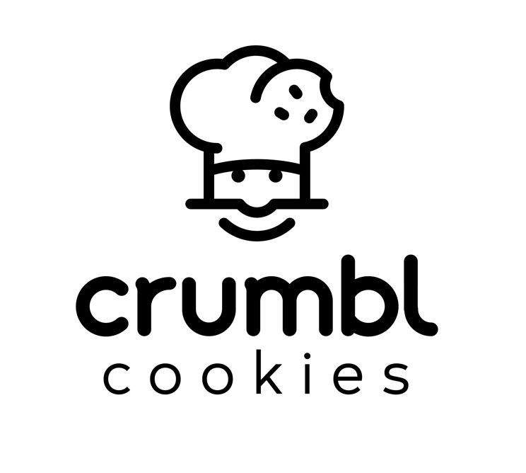 Crumbl Cookies logo: Chef's hat on top of a smiling face; black text 