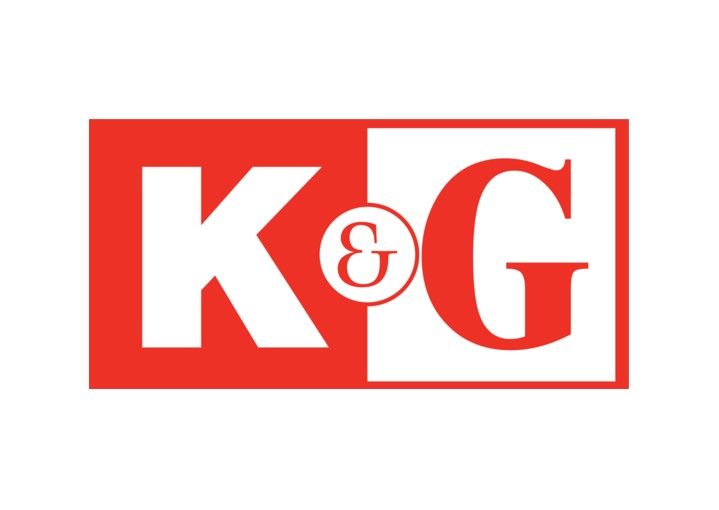 Logo for K&G Fashion Superstore: Red square with white text and logo. 
