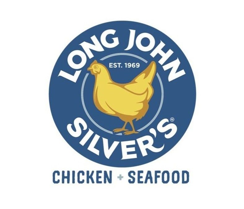 Long John Silver's logo. Blue circle with gold chicken illustration and text 