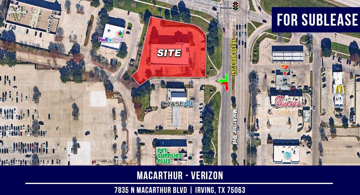 Aerial view of a site for sublease at 7807 W MacArthur Blvd in Irving, TX, marked in red.