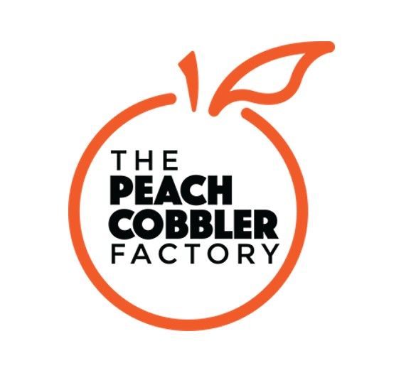 Peach Cobbler Factory logo, orange outline of a peach with a stem, black text.