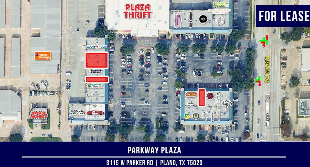 Aerial view of Parkway Plaza with stores, parking, and 