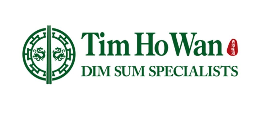 Logo of Tim Ho Wan, Dim Sum Specialists. Green and white text with a green circular graphic. A red dim sum appears on the right.