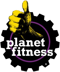 Planet Fitness logo: yellow thumbs-up, black cog, purple ring, white text.