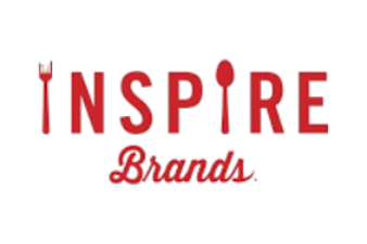 Logo for Inspire Brands with red text and a fork and spoon replacing the 