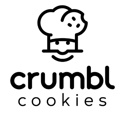 Crumbl Cookies logo: Chef's hat on top of a smiling face; black text 