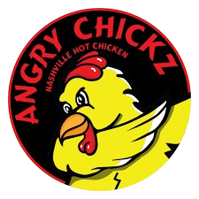 Angry Chickz logo: yellow cartoon chicken with red comb, inside a black circle with red text.