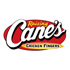 Raising Cane's logo with red and yellow background, white text "Raising Cane's Chicken Fingers".