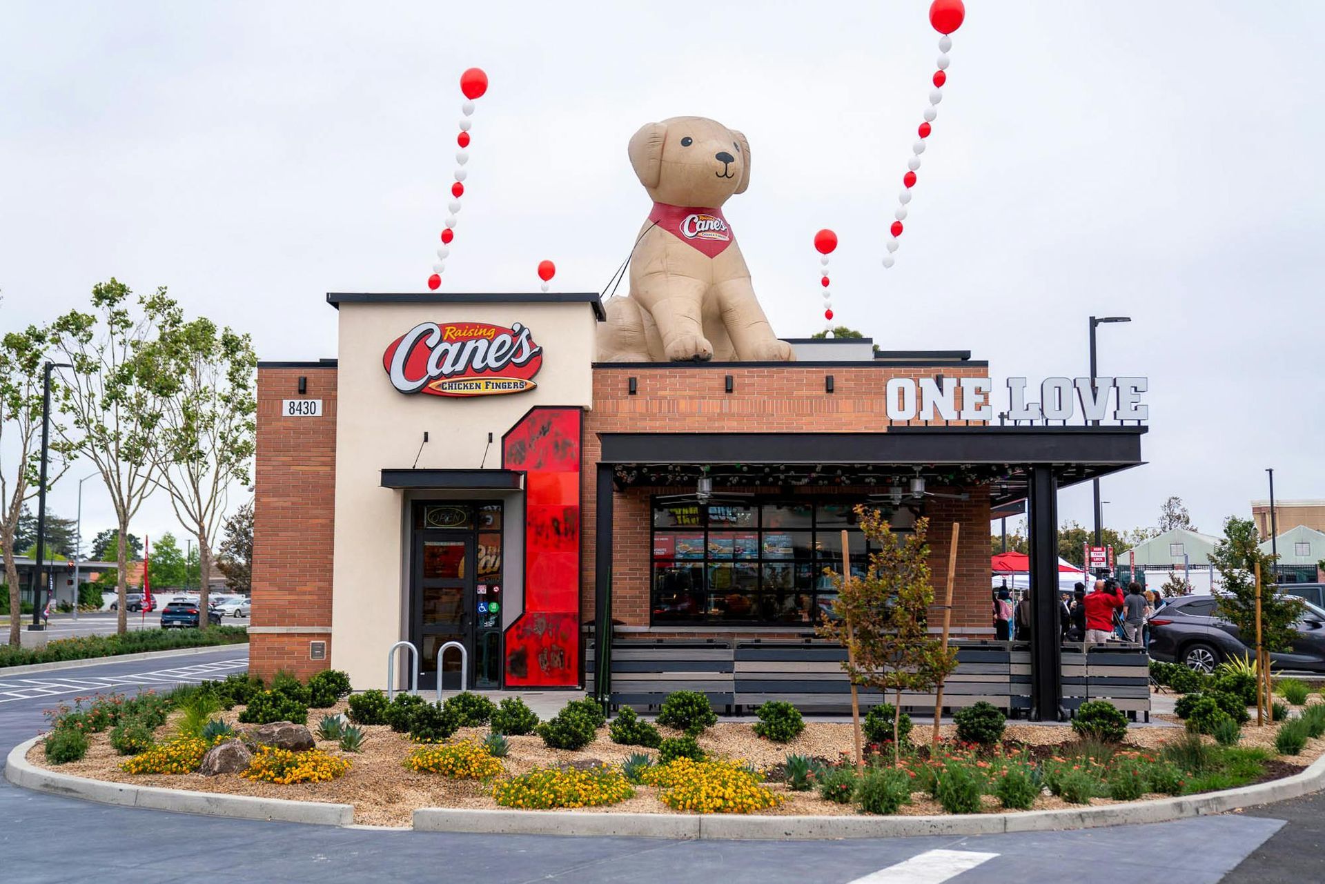 Raising Cane's restaurant exterior with large dog statue, drive-thru, red balloons.