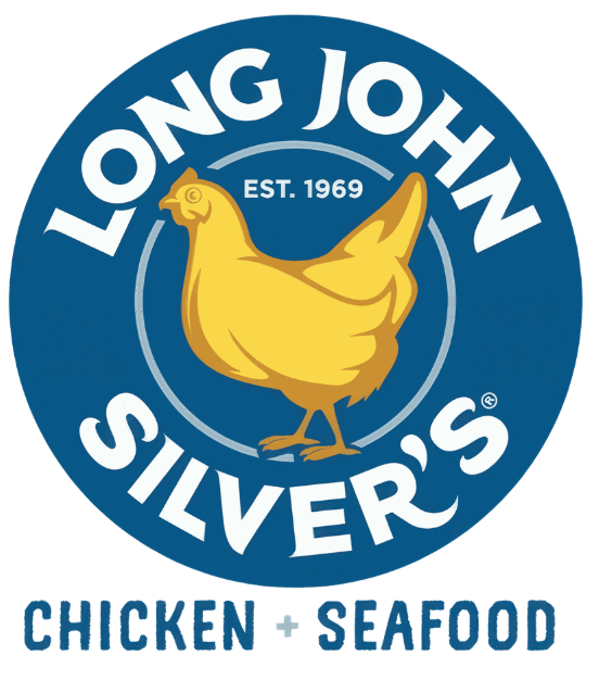 Long John Silver's logo. Blue circle with gold chicken illustration and text 