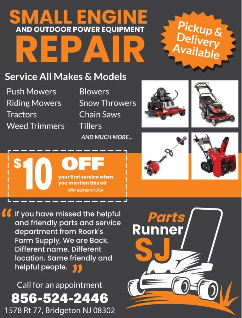 A flyer for small engine and outdoor power equipment repair for sj equipment repair