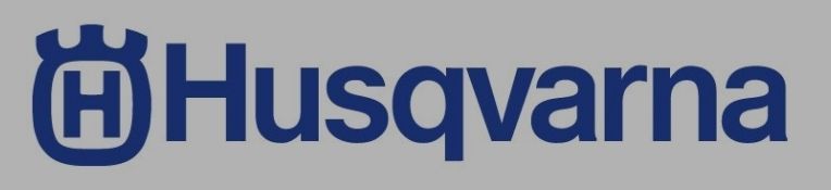 A blue husqvarna logo on a gray background