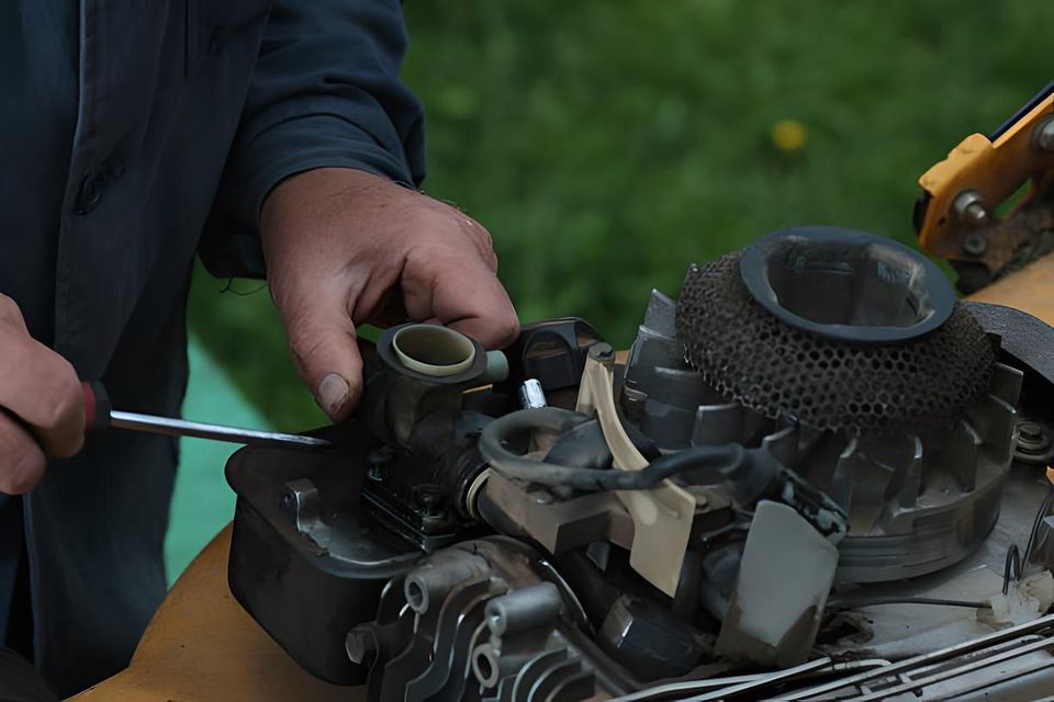 A man is working on a lawn mower with a screwdriver