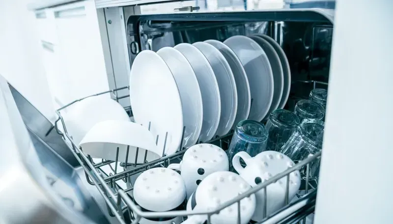 A Dishwasher Rack Filled With Clean White Plates — Eurocoast Appliance Service In Tuggerah, NSW