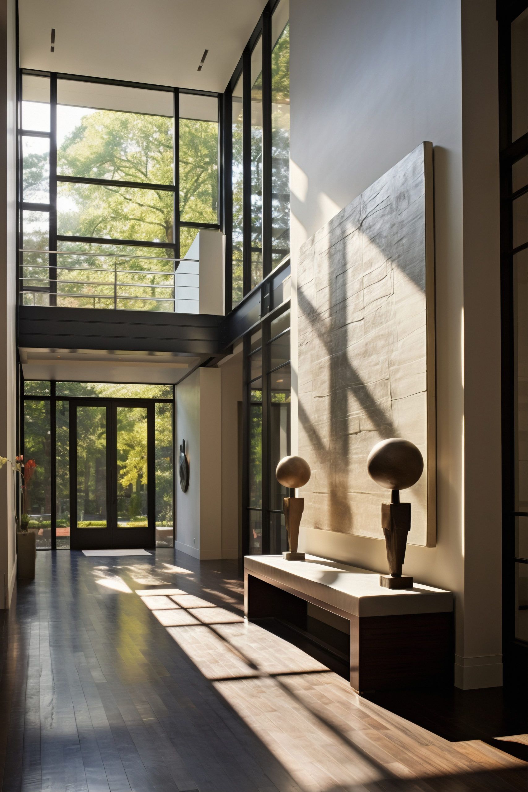 A hallway with lots of windows and sculptures on a table
