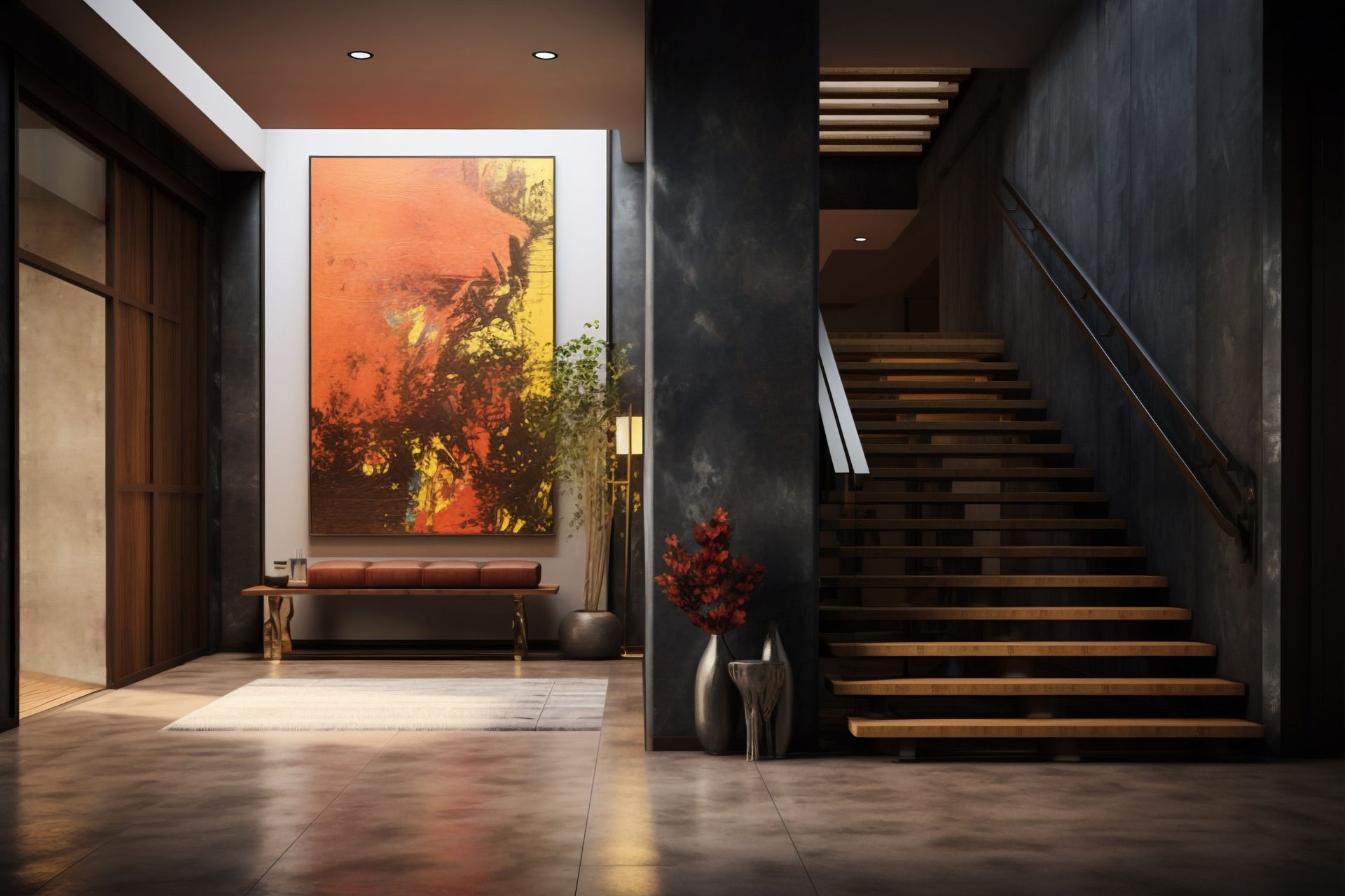 A hallway with stairs and a large painting on the wall