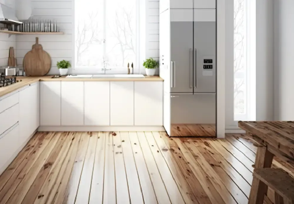 Bright kitchen with light wood floors, white cabinets, and a stainless steel refrigerator.