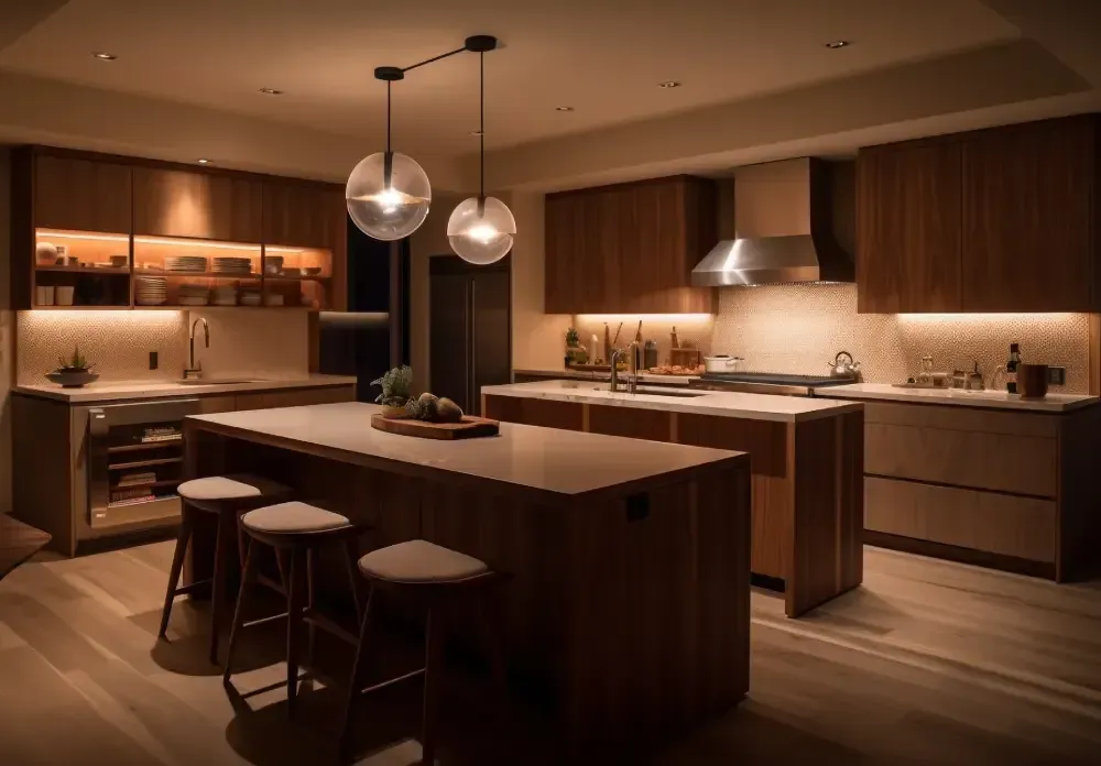 A kitchen with stools and a large island in the middle.