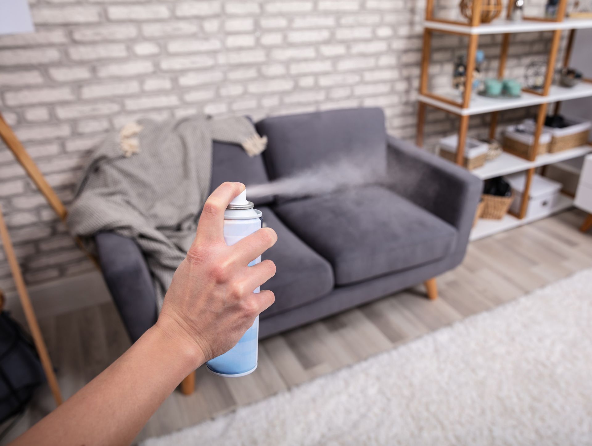 A person is spraying air freshener on a couch in a living room.