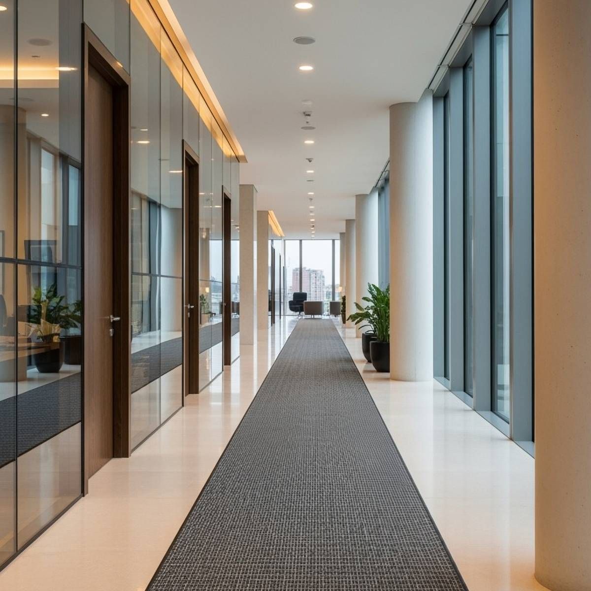 Long hallway with gray carpet, glass walls, and natural light. Office interior with doors and pillars.