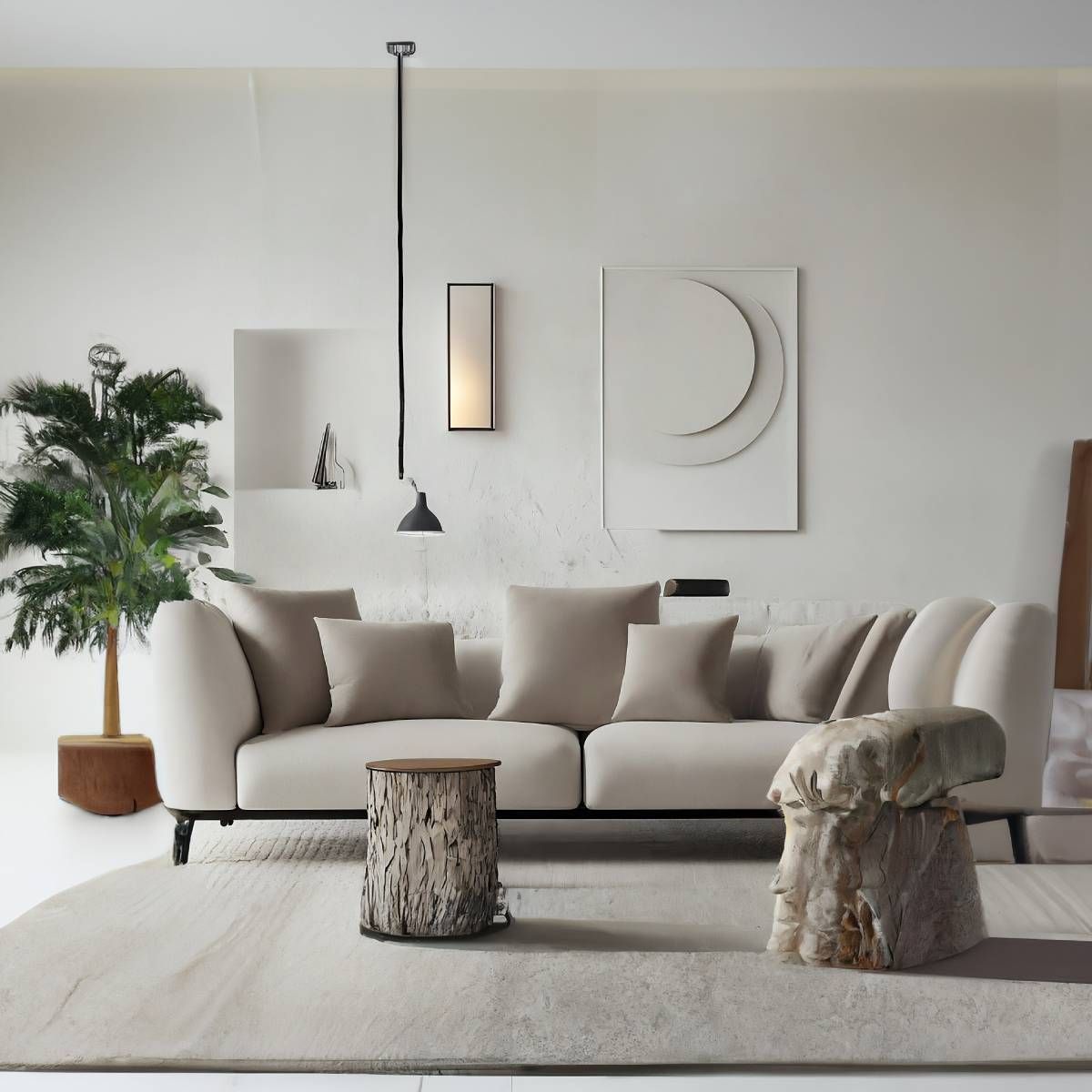 Modern living room with neutral sofa, two rustic side tables, and decorative artwork.