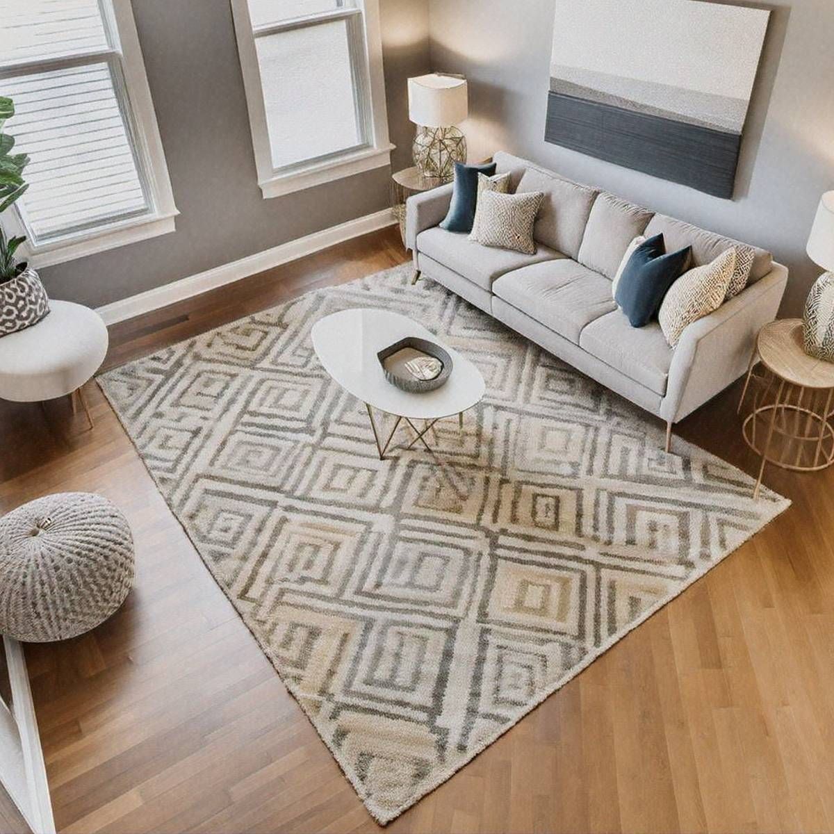 Living room with geometric rug, sofa with pillows, and coffee table.
